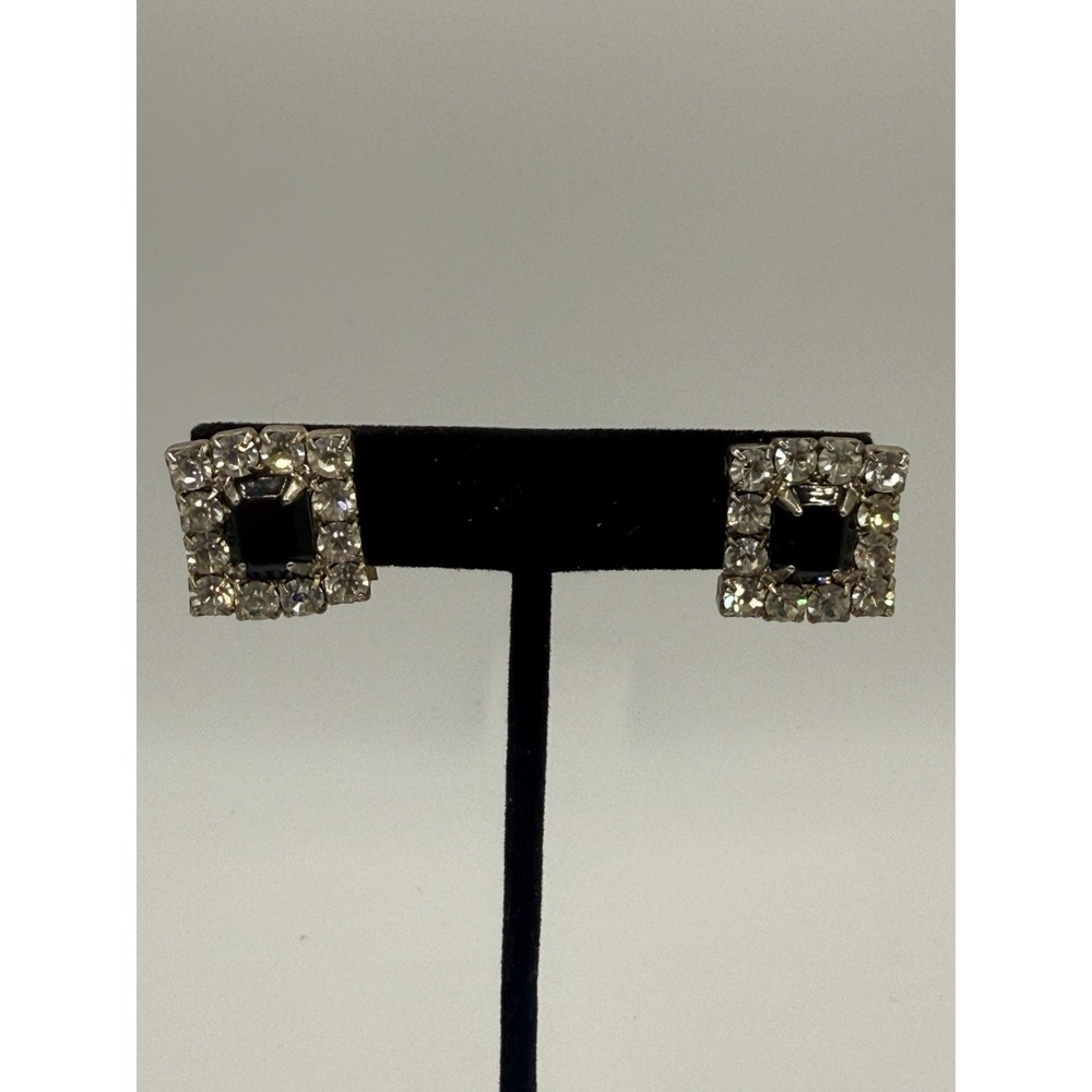 Vintage Earrings Black Clear Rhinestones Prong Set Silver Tone Art Deco Style